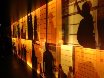 Large scale photograph on glass with neons, Building Entrance, Coromandel Foundation, Geneva, 2011, 3 x 10 m